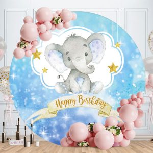 Aperturee Baby Elephant Blue Happy Birthday Round Backdrops for Kids