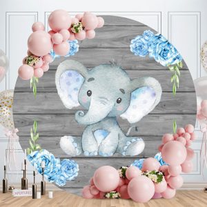 Aperturee Blue Rose Elephant Wooden Round Baby Shower Backdrop