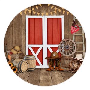 Aperturee Brown Wood Red Door Cool Cowboy Round Baby Shower Backdrop | Custom Birthday Backdrops | Cake Smash Backdrop | Birthday Party Decorations