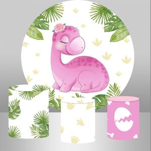 Aperturee Circle Pink Dinosaur And Leaves Baby Shower Backdrop | Round Party Backdrop | Round Backdrop Stand Covers | Round Backdrop Cover Diy