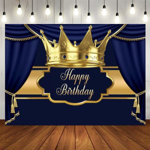 Aperturee Gold Crown Navy Blue Birthday Party Backdrop