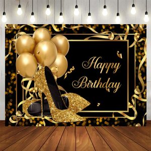 Aperturee Gold Heels Balloons Black Birthday Backdrop