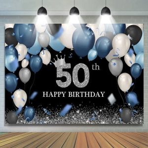 Aperturee Ship In 24HR Blue Balloon Black Sparkle 50th Birthday Backdrop