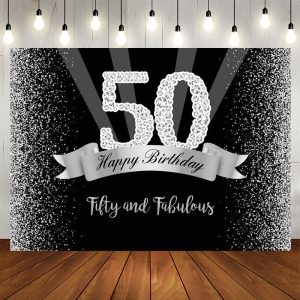 Aperturee Silver Black Glitter 50Th Birthday Backdrop