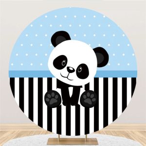 Aperturee White And Black Panda Round Blue Baby Shower Backdrop | Custom Round Backdrop Cover | Round Backdrop Stand Covers | Round Party Backdrop