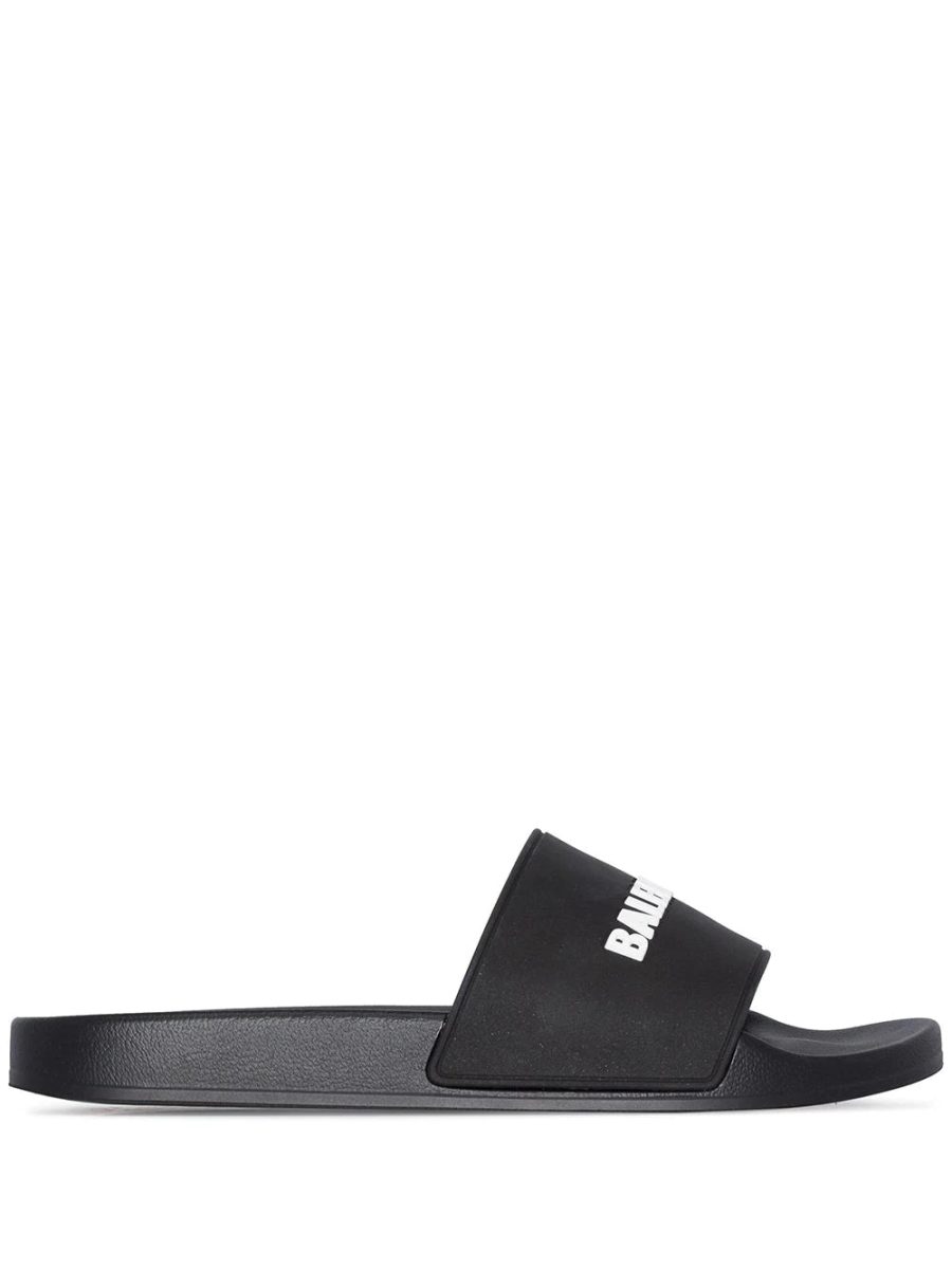 BALENCIAGA Embossed Logo Pool Slides Black/White