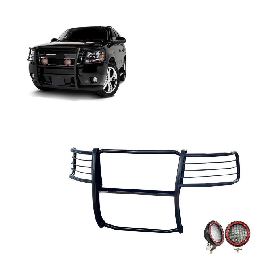 BLACK HORSE 17A037400MA-PLFR Grille brush Bumper Guard Modular Black Come With Pair of 5.3 INCHLED Lights with Red Trim Rings Compatible with 2007-2013 Avalanche|2007-2014 Suburban 1500/Tahoe