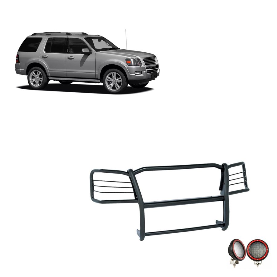 BLACK HORSE 17A047600MA-PLFR Grille brush Bumper Guard Modular Black Come With Pair of 5.3 INCH Dia.LED Lights with Red Trim Rings Compatible with 2006-2010 Ford Explorer