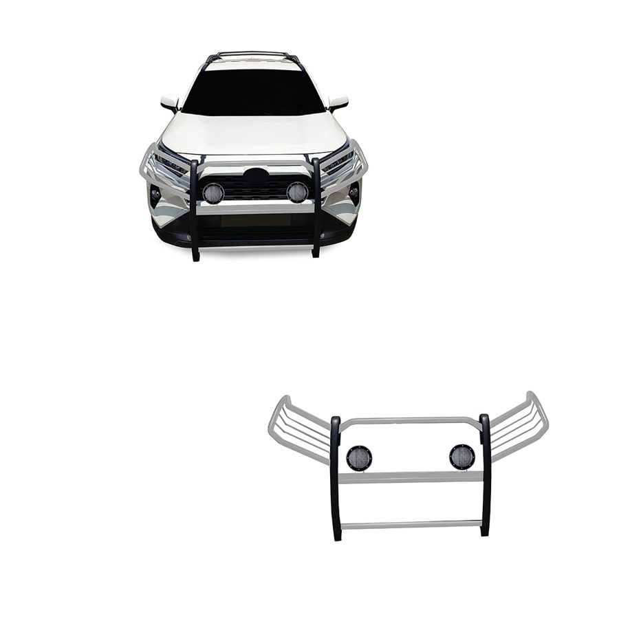 BLACK HORSE 17A093904MSS-PLFB Grille brush Bumper Guard Modular Stainless Steel Come with Pair of 5.3 INCH Dia.LED Lights with Black Trim Rings Compatible with 2019-2024 Toyota RAV4