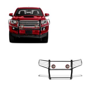 BLACK HORSE 17A096402MSS-PLFR Grille brush Bumper Guard Modular Stainless Steel Come With Pair of 5.3 INCH Dia.LED Lights with Red Trim Rings Compatible with 2016-2023 Toyota Tacoma