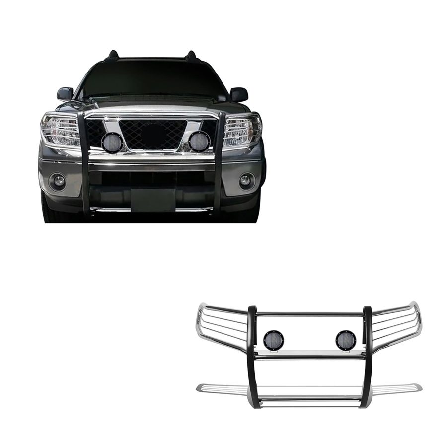 BLACK HORSE 17A110200MSS-PLFB Grille brush Bumper Guard Modular Stainless Steel Come with Pair of 5.3 INCH Dia.LED Lights with Black Trim Rings Compatible with 2005-2021 Frontier|2005-2007 Pathfinder