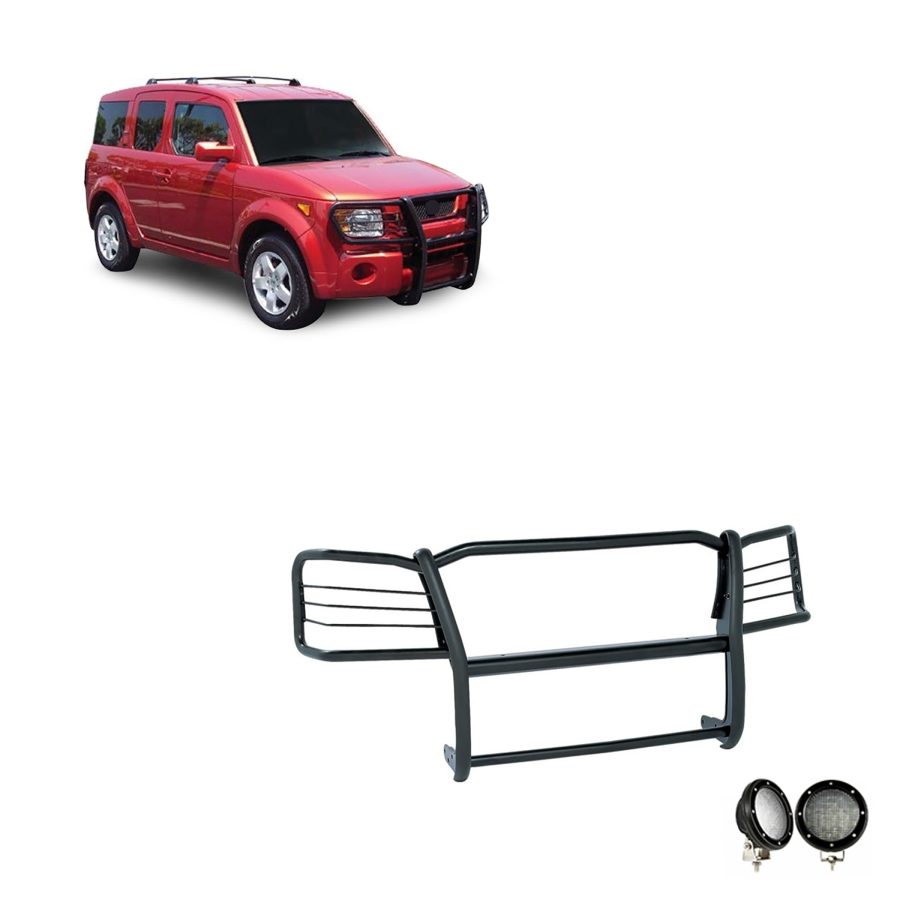 BLACK HORSE 17A155900MA-PLFB Grille brush Bumper Guard Modular Black Come with Pair of 5.3 INCH Dia.LED Lights with Black Trim Rings Compatible with 2003-2008 Honda Element