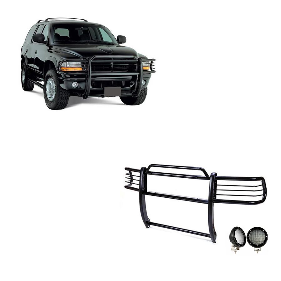 BLACK HORSE 17BH23MA-PLFB Grille brush Bumper Guard Modular Black Come with Pair of 5.3 INCH Dia.LED Lights with Black Trim Rings Compatible with 1997-2004 Dodge Dakota|2000-2003 Dodge Durango