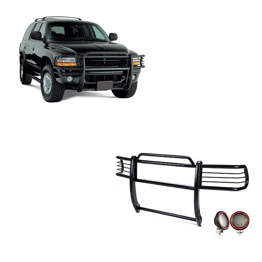 BLACK HORSE 17BH23MA-PLFR Grille brush Bumper Guard Modular Black Come With Pair of 5.3 INCH Dia.LED Lights with Red Trim Rings Compatible with 1997-2004 Dodge Dakota|2000-2003 Dodge Durango