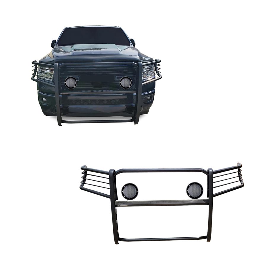 BLACK HORSE 17DG111MA-PLFB Grille brush Bumper Guard Modular Black Come with Pair of 5.3 INCH Dia.LED Lights with Black Trim Rings Compatible with 2019-2024 Ram 1500