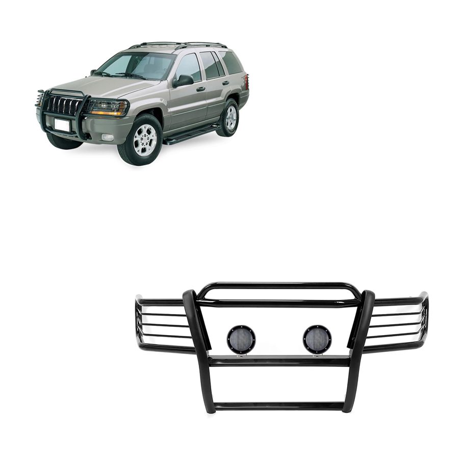 BLACK HORSE 17EB26MA-PLFB Grille brush Bumper Guard Modular Black Come with Pair of 5.3 INCH Dia.LED Lights with Black Trim Rings Compatible with 1999-2004 Jeep Grand Cherokee