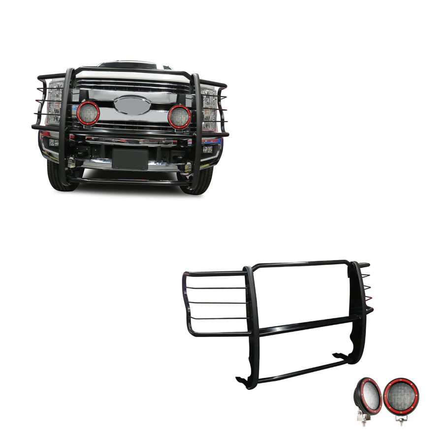 BLACK HORSE 17FB28MA-PLFR Grille brush Bumper Guard Modular Black Come With Pair of 5.3 INCHLED Lights with Red Trim Rings Compatible with 2017-2023 Ford F-250/Ford F-350/Ford F-450/Ford F-550 Super Duty