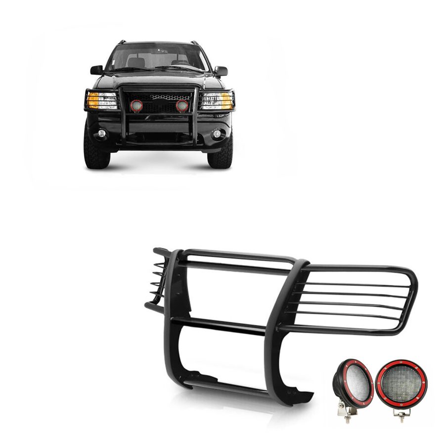 BLACK HORSE 17FJ26MA-PLFR Grille brush Bumper Guard Modular Black Come With Pair of 5.3 INCH Dia.LED Lights with Red Trim Rings Compatible with 2002-2005 Ford Explorer