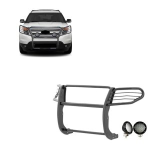 BLACK HORSE 17FJ28MA-PLFB Grille brush Bumper Guard Modular Black Come with Pair of 5.3 INCH Dia.LED Lights with Black Trim Rings Compatible with 2011-2015 Ford Explorer