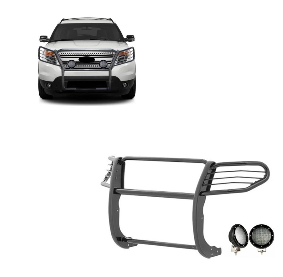 BLACK HORSE 17FJ28MA-PLFB Grille brush Bumper Guard Modular Black Come with Pair of 5.3 INCH Dia.LED Lights with Black Trim Rings Compatible with 2011-2015 Ford Explorer