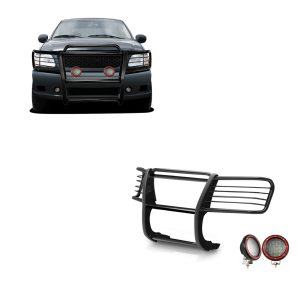 BLACK HORSE 17FP27MA-PLFR Grille brush Bumper Guard Modular Black Come With Pair of 5.3 INCHLED Lights with Red Trim Rings Compatible with 1999-2002 Expedition|1999-2004 F-150|1999-2007 F-250 Super Duty