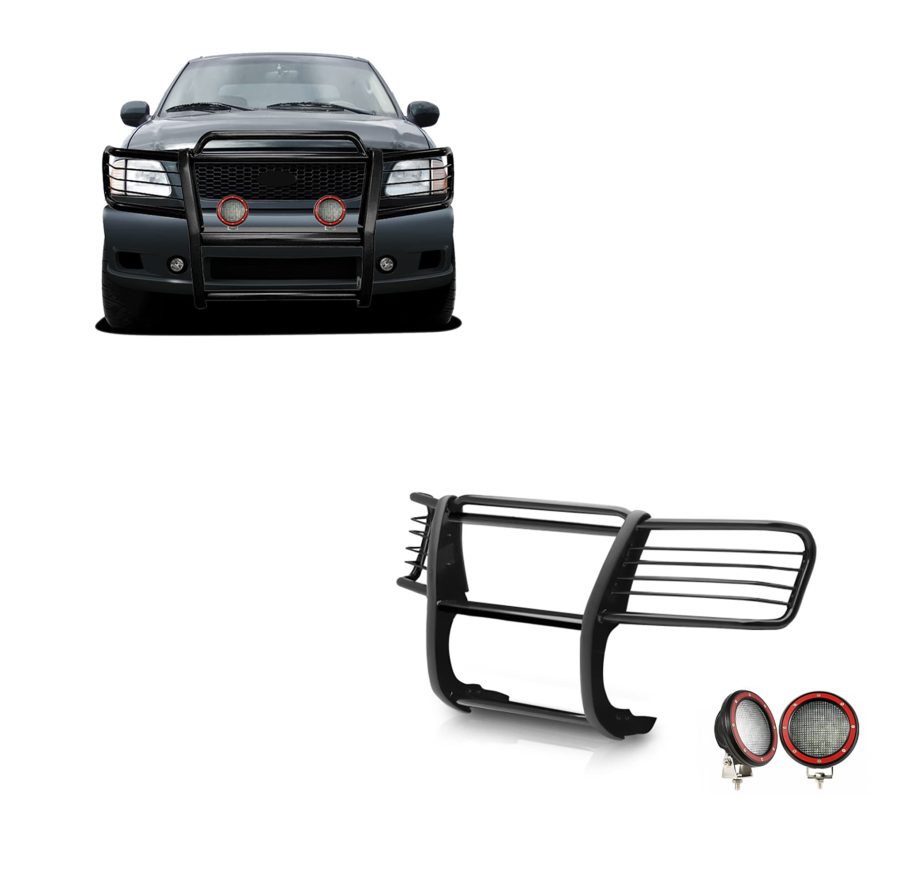 BLACK HORSE 17FP27MA-PLFR Grille brush Bumper Guard Modular Black Come With Pair of 5.3 INCHLED Lights with Red Trim Rings Compatible with 1999-2002 Expedition|1999-2004 F-150|1999-2007 F-250 Super Duty