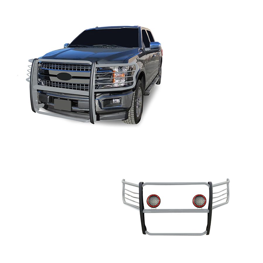 BLACK HORSE 17FP32MSS-PLFR Grille brush Bumper Guard Modular Stainless Steel Come With Pair of 5.3 INCH Dia.LED Lights with Red Trim Rings Compatible with 2015-2024 Ford F-150