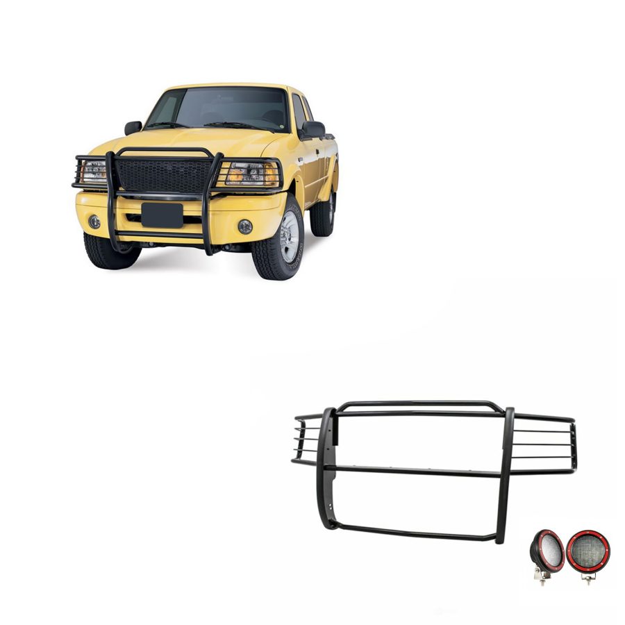 BLACK HORSE 17FR20MA-PLFR Grille brush Bumper Guard Modular Black Come With Pair of 5.3 INCH Dia.LED Lights with Red Trim Rings Compatible with 2001-2012 Ford Ranger Edge|2001-2012 Ford Ranger