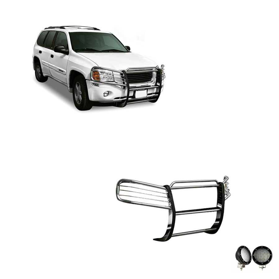 BLACK HORSE 17GD26MSS-PLFB Grille brush Bumper Guard Modular Stainless Steel Come with Pair of 5.3 INCH Dia.LED Lights with Black Trim Rings Compatible with 2002-2009 GMC Envoy