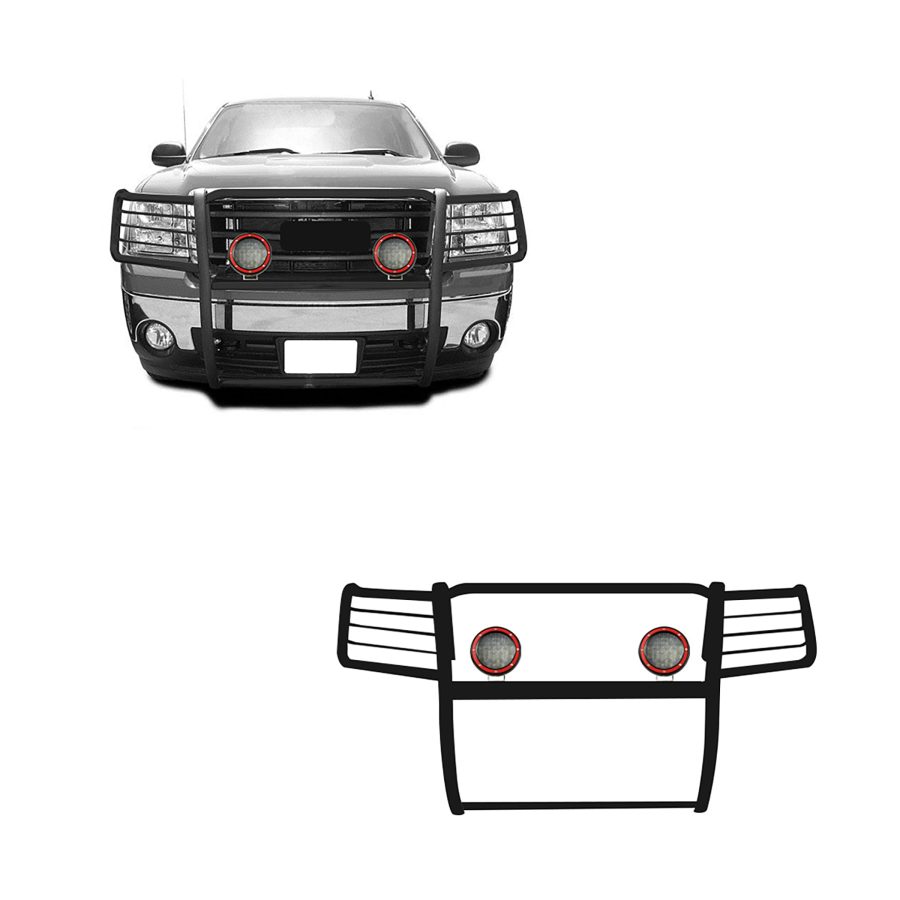 BLACK HORSE 17GS10MA-PLFR Grille brush Bumper Guard Modular Black Come With Pair of 5.3 INCH Dia.LED Lights with Red Trim Rings Compatible with 2007-2013 GMC Sierra 1500