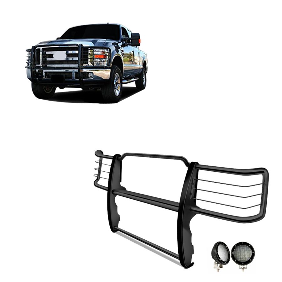 BLACK HORSE 17GT26MA-PLFB Grille brush Bumper Guard Modular Black Come with Pair of 5.3 INCH Dia.LED Lights with Black Trim Rings Compatible with 2011-2014 Silverado 2500 HD|2011-2014 Silverado 3500 HD