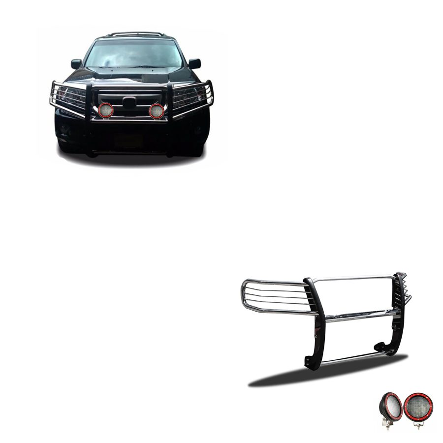 BLACK HORSE 17H151402MSS-PLFR Grille brush Bumper Guard Modular Stainless Steel Come With Pair of 5.3 INCH Dia.LED Lights with Red Trim Rings Compatible with 2016-2020 Honda Pilot