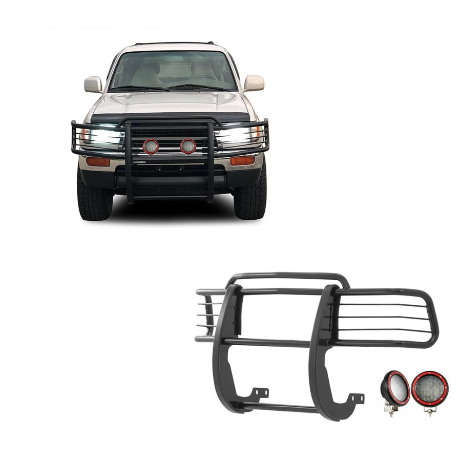 BLACK HORSE 17T80202MA-PLFR Grille brush Bumper Guard Modular Black Come With Pair of 5.3 INCH Dia.LED Lights with Red Trim Rings Compatible with 1996-1998 Toyota 4Runner|1998-2000 Toyota Tacoma