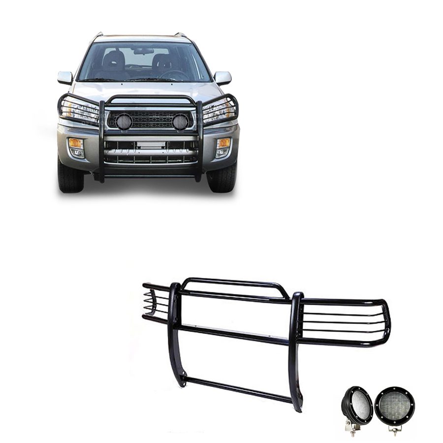 BLACK HORSE 17TH26MA-PLFB Grille brush Bumper Guard Modular Black Come with Pair of 5.3 INCH Dia.LED Lights with Black Trim Rings Compatible with 2001-2005 Toyota RAV4