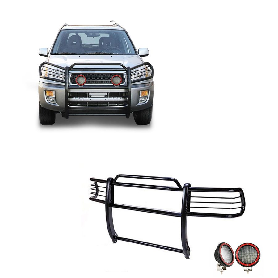 BLACK HORSE 17TH26MA-PLFR Grille brush Bumper Guard Modular Black Come With Pair of 5.3 INCH Dia.LED Lights with Red Trim Rings Compatible with 2001-2005 Toyota RAV4