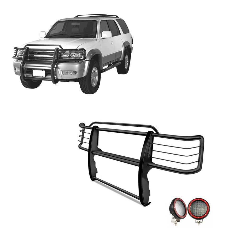 BLACK HORSE 17TN23MA-PLFR Grille brush Bumper Guard Modular Black Come With Pair of 5.3 INCH Dia.LED Lights with Red Trim Rings Compatible with 1999-2002 Toyota 4Runner