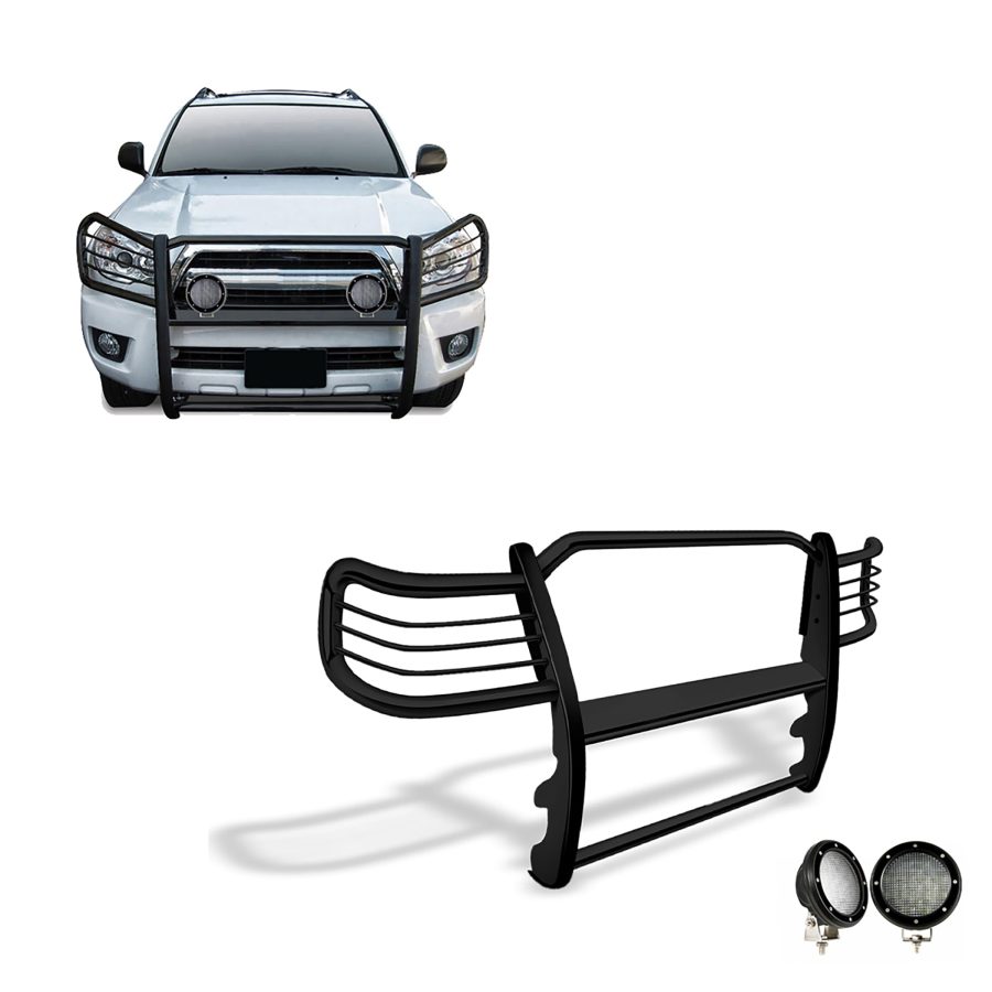 BLACK HORSE 17TU26MA-PLFB Grille brush Bumper Guard Modular Black Come with Pair of 5.3 INCH Dia.LED Lights with Black Trim Rings Compatible with 2003-2009 Lexus GX470|2003-2009 Toyota 4Runner