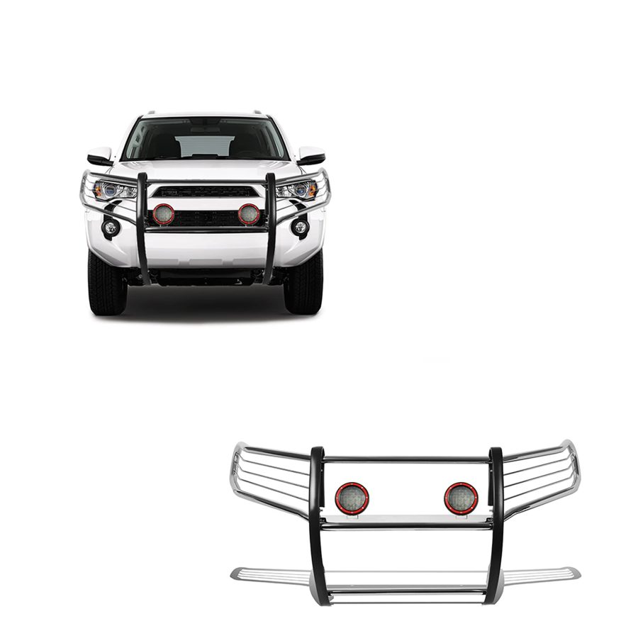 BLACK HORSE 17TU31MSS-PLFR Grille brush Bumper Guard Modular Stainless Steel Come With Pair of 5.3 INCH Dia.LED Lights with Red Trim Rings Compatible with 2010-2024 Toyota 4Runner