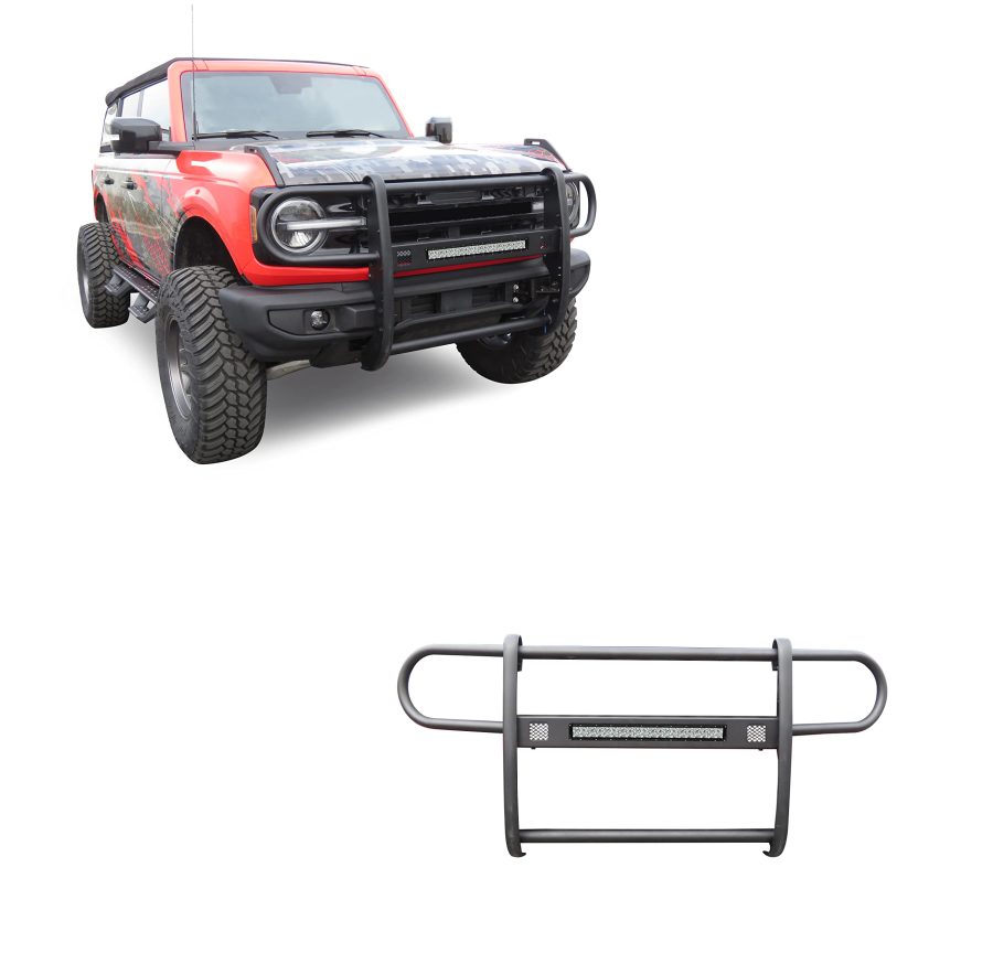 BLACK HORSE BGFB21 Beacon Grille brush Bumper Guard Modular Black Come with 20 INCH Double Row LED Light Compatible with 2021-2024 Ford Bronco