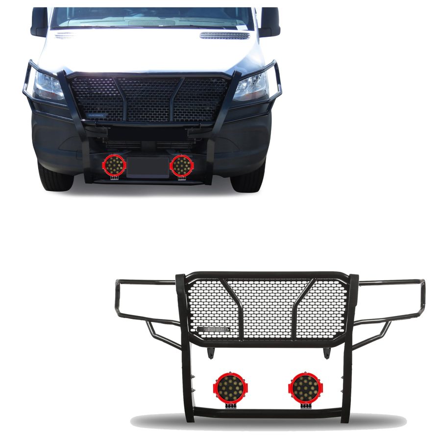 BLACK HORSE RU-DOSP19-B-PLR RUGGED HD Grille Brush Bumper Guard Modular Black Come With pair of 7.0 INCHLED Lights with Red Trim Rings Compatible with 2019-2024 Dodge Sprinter-Benz Sprinter 1500/2500/3500