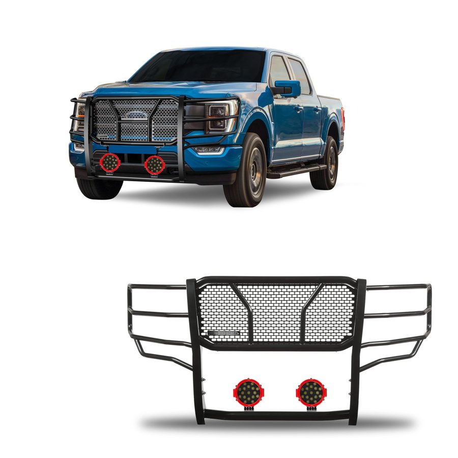 BLACK HORSE RU-FOF116-B-PLR RUGGED Heavy Duty Grille Brush Bumper Guard Modular Black Come With pair of 7.0 INCHDia.LED Lights with Red Trim Rings Compatible with 2021-2023 Ford F-150