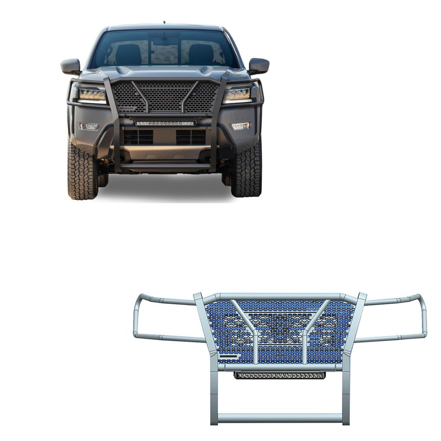 BLACK HORSE RU-NIFR22-B-K2 RUGGED Heavy Duty Grille Brush Bumper Guard Modular Black Come With Single Row LED Light Compatible with 2022-2024 Nissan Frontier