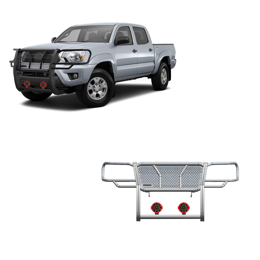 BLACK HORSE RU-TOTA05-B-PLR RUGGED Heavy Duty Grille Brush Bumper Guard Modular Black Come With pair of 7.0 INCHDia.LED Lights with Red Trim Rings Compatible with 2005-2015 Toyota Tacoma