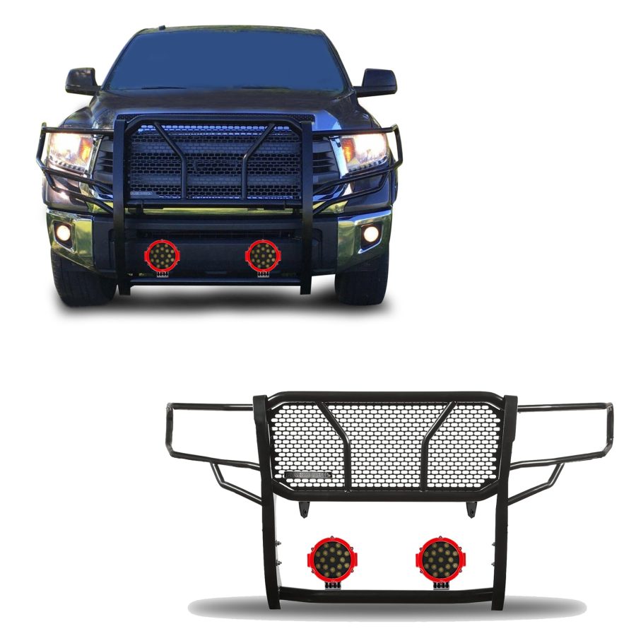 BLACK HORSE RU-TOTU07-B-PLR RUGGED Heavy Duty Grille Brush Bumper Guard Modular Black Come With pair of 7.0 INCHDia.LED Lights with Red Trim Rings Compatible with 2007-2020 Tundra|2008-2022 Sequoia