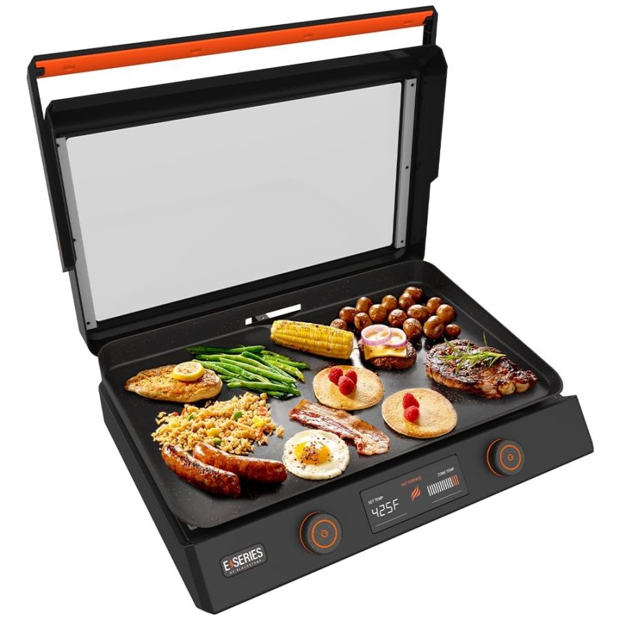 BLACKSTONE 8001 22-Inch Electric Griddle - 1200W Non Stick Ceramic Titanium Coated Stainless Steel Tabletop Griddle with EZ-Touch Control Dial, LCD Display, Patented Rotate & Remove Glass Hood