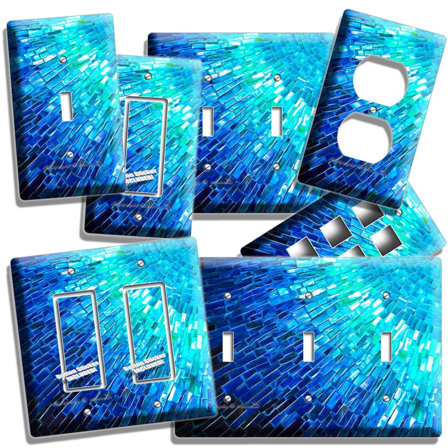 BLUE PEARL MOSAIC GLASS TILE DESIGN LIGHT SWITCH OUTLET WALL PLATE KITCHEN DECOR