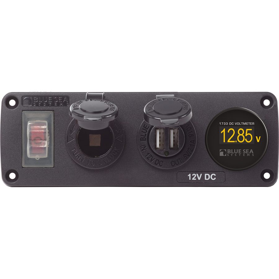 BLUE SEA 4366 WATER RESISTANT USB ACCESSORY PANEL - CIRCUIT BREAKER, 12V SOCKET, DUAL USB CHARGER, MINI VOLTMETER