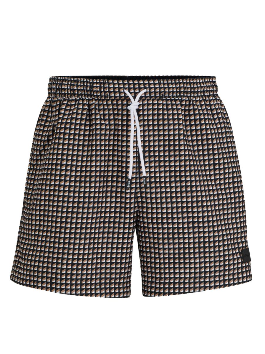 BOSS Vibe Graphic Print Swim Shorts Black Brown