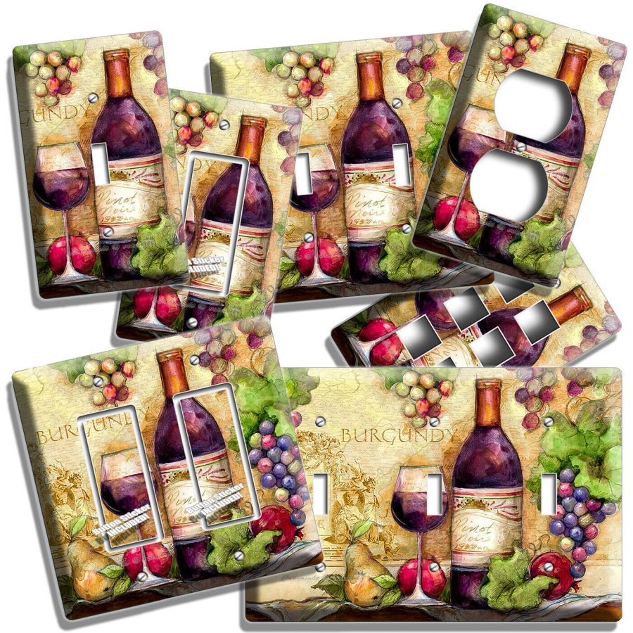 BURGUNDY WINE GLASS BOTTLE GRAPES LIGHT SWITCH OUTLET PLATE KITCHEN ART HD DECOR