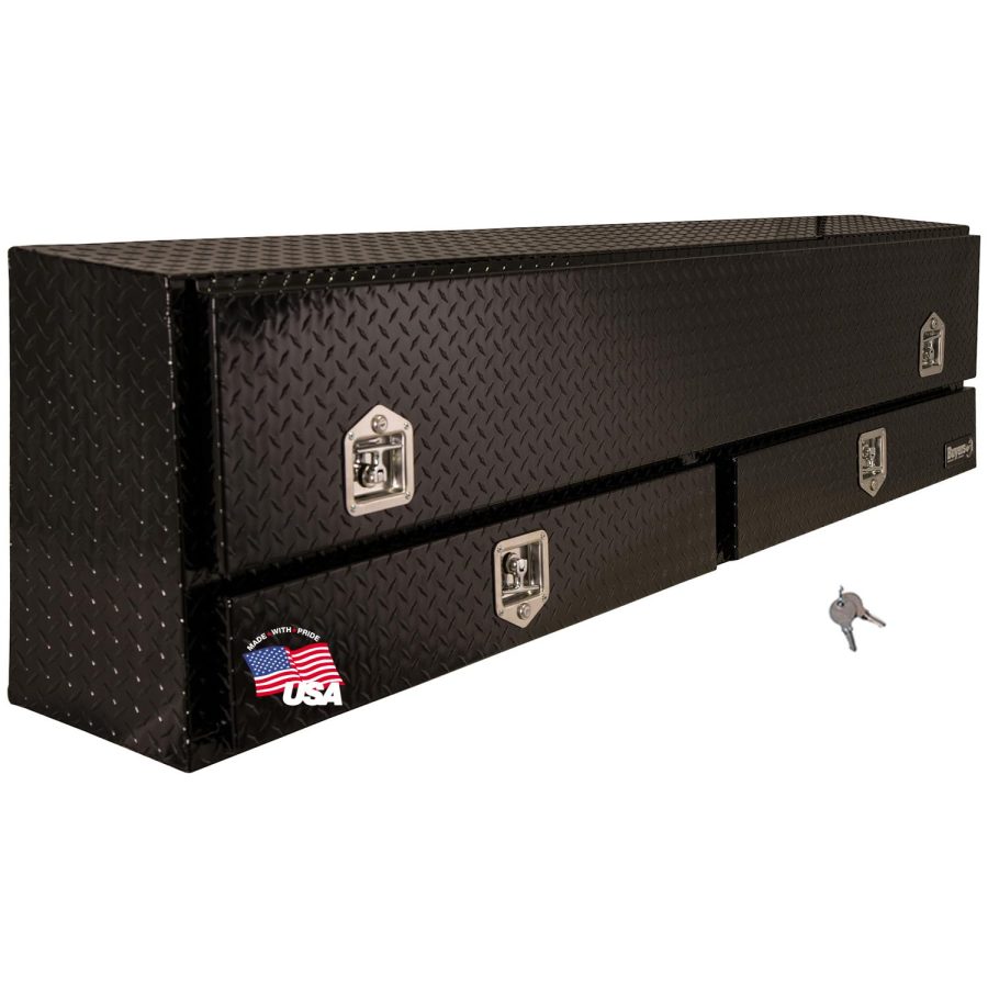 BUYERS PROD 1725651 Black Aluminum Diamond Tread Contractor Truck Box With Lockable T-Handle Latch And Two Lower Drawers, 88 x 21 x 13.5 Inch, Truck Tool Box For Storage And Organization